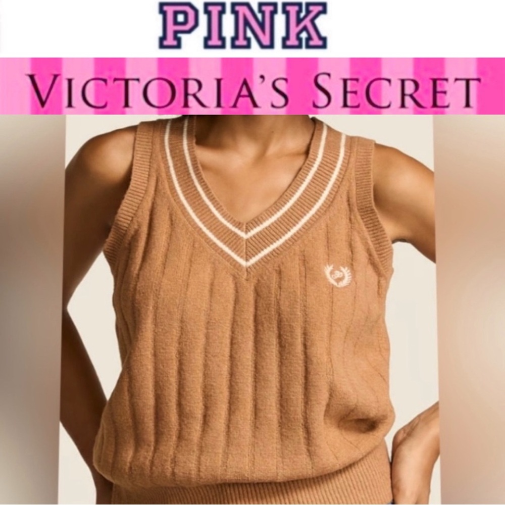 PINK VICTORIA SECRET Collegiate cable vest Sweater Vest toffee color size S NWT